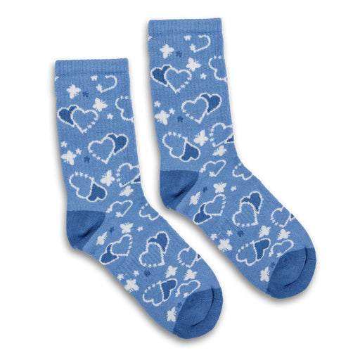 Jolly Knitted Bamboo Kids Socks - Set of 2 - A pair of blue kids' socks featuring heart patterns in lighter shades of blue and white. The socks have a logo.