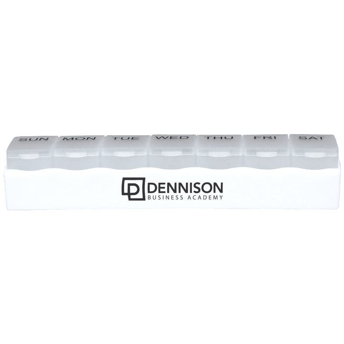 Weekly Pill Organiser - A white weekly pill organiser with compartments labelled for each day of the week. It features a logo.
