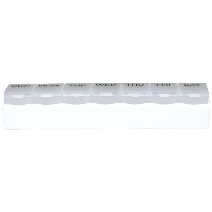Weekly Pill Organiser - A white weekly pill organiser with compartments labelled for each day of the week. It has a simple design and a branding logo.
