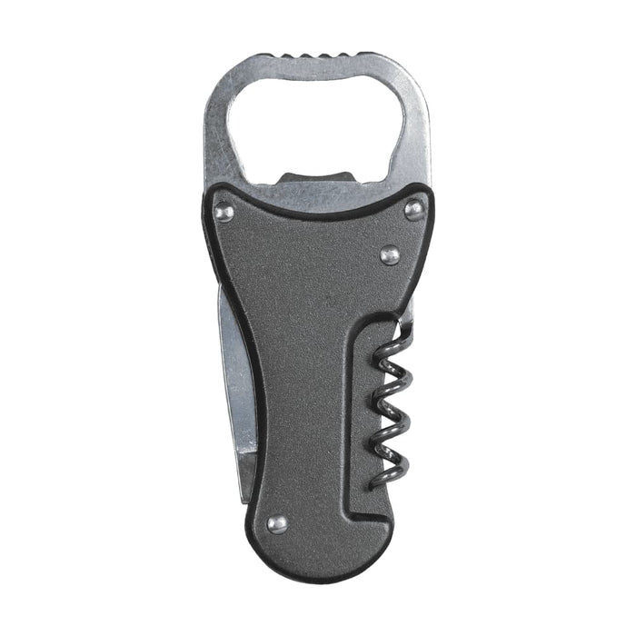 Multi-Tool Bottle Opener - A drink bottle opener in black and silver, featuring a bottle opener, corkscrew, and a compact design.