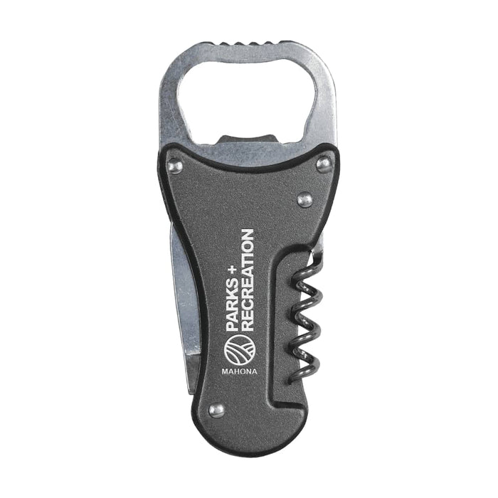 Multi-Tool Bottle Opener - A drink bottle opener tool in black with a silver metal opener and corkscrew, featuring a logo.