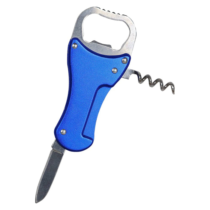 Multi-Tool Bottle Opener - A drink bottle opener multi-tool in blue, featuring a bottle opener, corkscrew, and small knife. It has a logo.