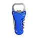 Multi-Tool Bottle Opener - A drink bottle opener with a blue metallic handle, featuring a corkscrew and a bottle cap opener. Includes a logo.