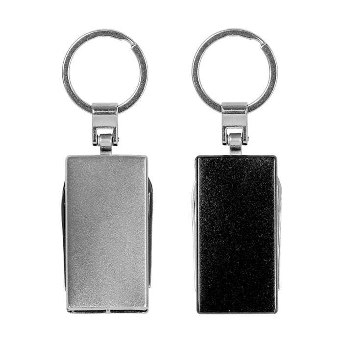 Multi-Tool Keyring - A multi-tool keyring in silver and black, featuring a smooth rectangular shape and a metal ring for attachment.