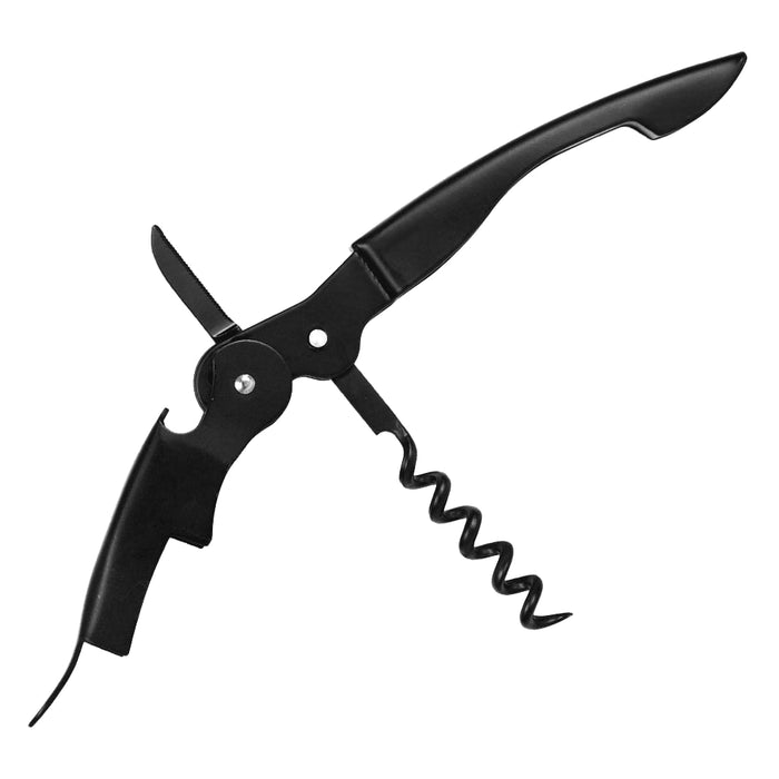 Premium Wine Waiters Knife - A black Premium Wine Waiters Knife featuring a corkscrew, knife, and bottle opener components.