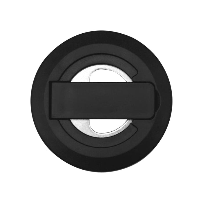 Ain Recycled Plastic Magnetic Phone Stand with Bottle Opener - A black recycled plastic magnetic phone stand featuring a bottle opener. It has a circular design with a metallic opener.