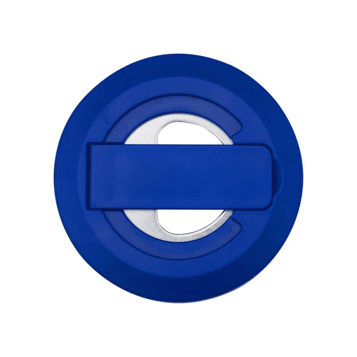 Ain Recycled Plastic Magnetic Phone Stand with Bottle Opener - A blue recycled plastic magnetic phone stand with a bottle opener feature, including a logo.
