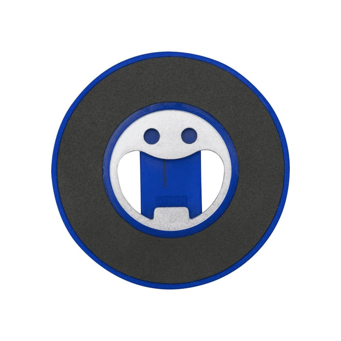 Ain Recycled Plastic Magnetic Phone Stand with Bottle Opener - A drink bottle opener in blue and grey, featuring a magnetic phone stand and a smiling face design.