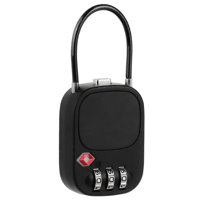 Atlas TSA Lock - A black TSA-approved padlock featuring a combination dial and a flexible shackle, with a logo on the front.