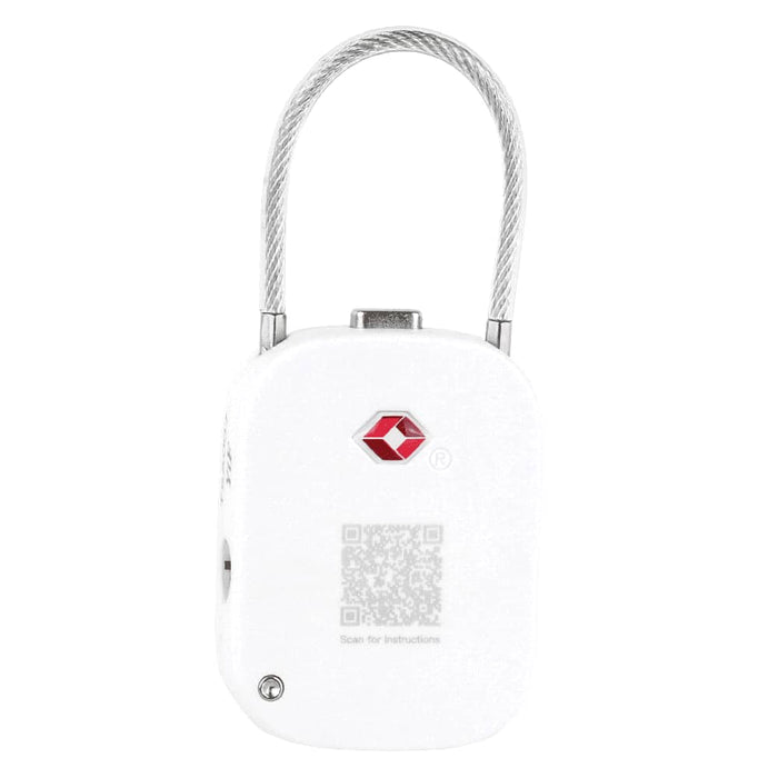 Atlas TSA Lock - A white TSA lock with a silver cable and a small logo on the front, designed for secure travel.