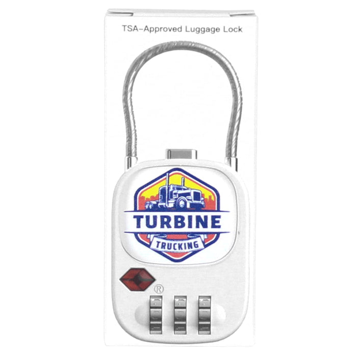 Atlas TSA Lock - A white TSA-approved luggage lock with a silver shackle and a logo, featuring a four-digit combination dial.