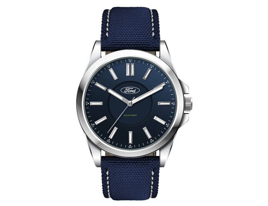 Solar Unisex Watch, rPET Strap - A solar-powered unisex watch with a navy rPET strap and a silver case, featuring a minimalist dark face and branding.