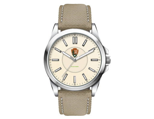 Solar Unisex Watch, rPET Strap - A unisex watch featuring a silver case, cream face, and a khaki rPET strap; includes a logo on the dial.