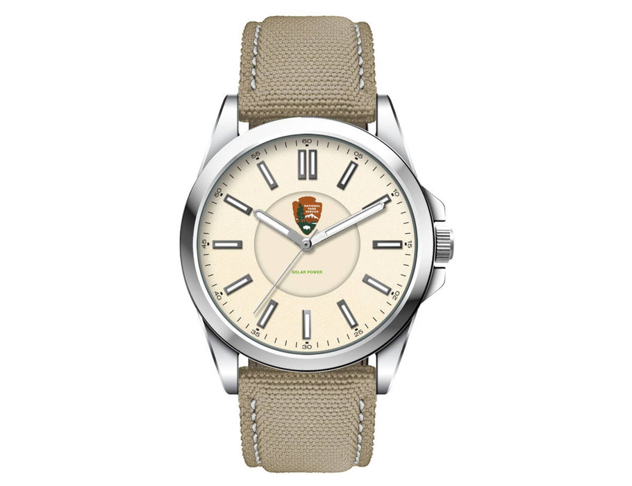 Solar Unisex Watch, rPET Strap - A unisex watch featuring a silver case, cream face, and a khaki rPET strap; includes a logo on the dial.