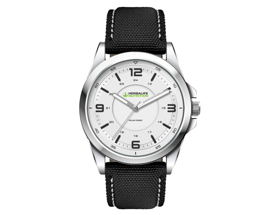 Solar Unisex Watch, rPET Strap - A Silver unisex watch featuring a white face and a black rPET strap, with a logo on the dial.
