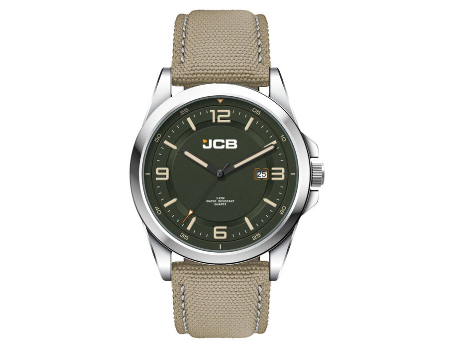 Casual Unisex Watch, rPET Strap - A casual unisex watch featuring a green dial and a light brown rPET strap, with a silver-tone case and logo.