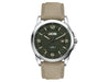 Casual Unisex Watch, rPET Strap - A casual unisex watch featuring a green dial and a light brown rPET strap, with a silver-tone case and logo.
