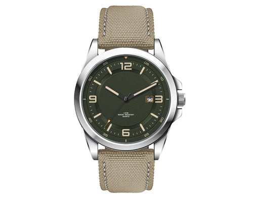 Casual Unisex Watch, rPET Strap - A casual unisex watch featuring a green dial, silver case, and a beige rPET strap, with a logo on the dial.