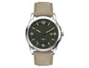 Casual Unisex Watch, rPET Strap - A casual unisex watch featuring a green dial, silver case, and a beige rPET strap, with a logo on the dial.