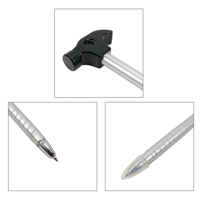 Hammer Shape Ballpoint Pen - A hammer-shaped ballpoint pen with a black top and silver barrel, featuring a logo on the side.