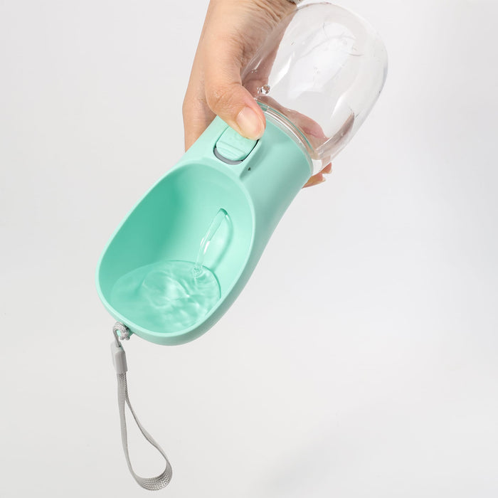 300ml Portable Pet Water Bottle - A drink bottle with a transparent top and a turquoise base, featuring a detachable strap and a logo.