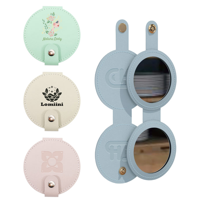 Round Folding Pocket Mirror - A round folding pocket mirror in pastel colours, featuring a logo on one side and mirrors on both sides.