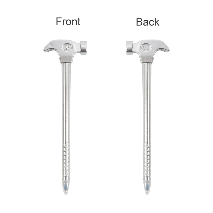 Hammer Shape Ballpoint Pen - A silver ballpoint pen shaped like a hammer, displayed from front and back views. The pen features a branding logo.