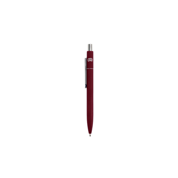NFC Metal Ballpoint Pen - A burgundy metal ballpoint pen with a silver clip and a logo on the barrel.