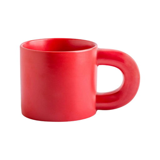 Laser Engraving Ceramic Coffee Mug - A red ceramic coffee mug with a unique handle design and a glossy finish. The mug features a logo.