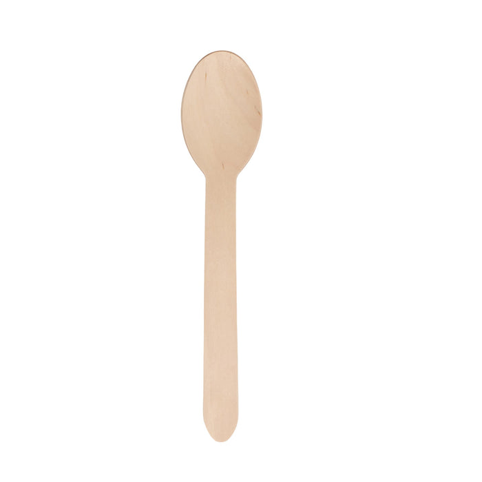 Pack of 100 Per Pack Disposable Wooden Cutlery - (Forks /Spoons/Knives/2 in 1 Spoon and fork)-(Big) - A wooden disposable spoon in a natural light brown colour, featuring a smooth finish and simple design.