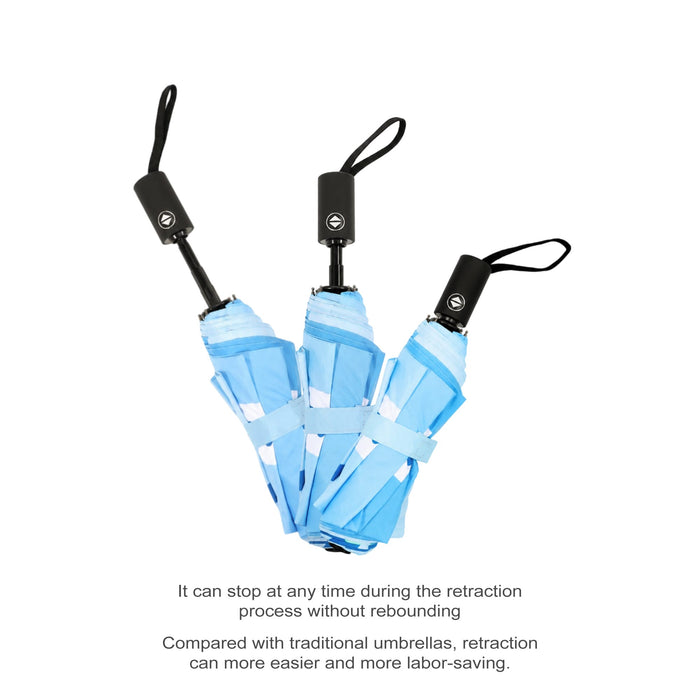Anti-rebound Folding Umbrella - A blue anti-rebound folding umbrella with a compact design and a logo displayed.