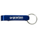 Aluminium Bottle / Can Opener - A blue aluminium can opener with a keyring attachment and a logo.