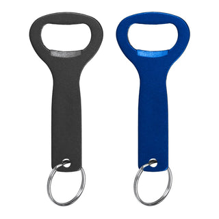 Aluminium Bottle Opener Key Ring - A drink bottle opener key ring in black and blue, featuring a simple design and a metal key ring.