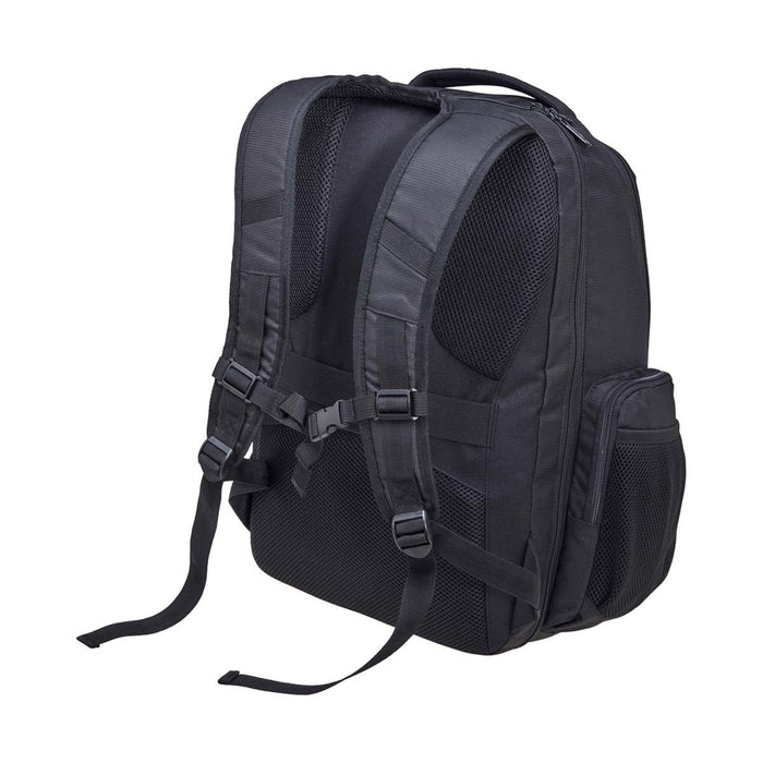 Fortress Laptop Backpack - A black laptop backpack featuring padded shoulder straps and mesh panels, designed for comfort and ventilation.
