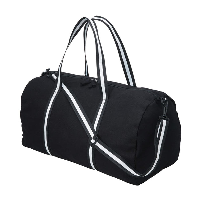 Canvas Duffle - A black canvas duffle bag with contrasting striped straps, featuring two handles and an adjustable shoulder strap.