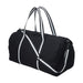 Canvas Duffle - A black canvas duffle bag with contrasting striped straps, featuring two handles and an adjustable shoulder strap.