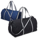 Canvas Duffle - A canvas duffle bag in black and one in navy blue, both featuring contrasting striped handles and a logo.
