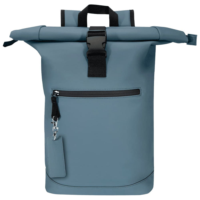 Resi Plus Rectangle Keychain - A blue waterproof backpack with a roll-top closure, featuring a front zip pocket and a branding tag.