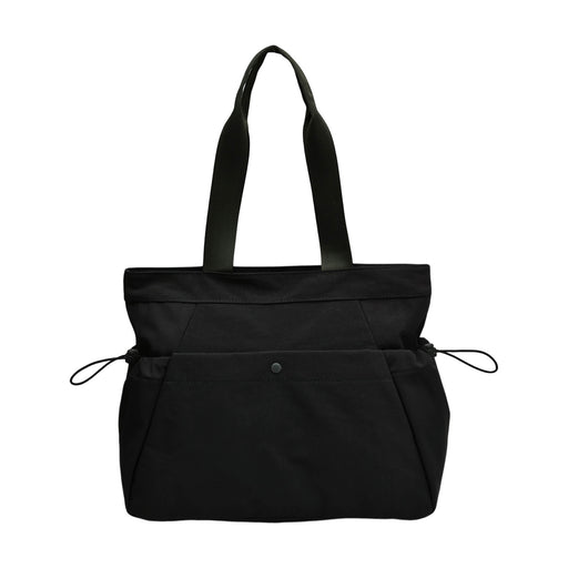Lightweight Tote Bag With Yoga Mat Straps - A lightweight black tote bag with yoga mat straps and two front pockets. It has long handles for easy carrying.