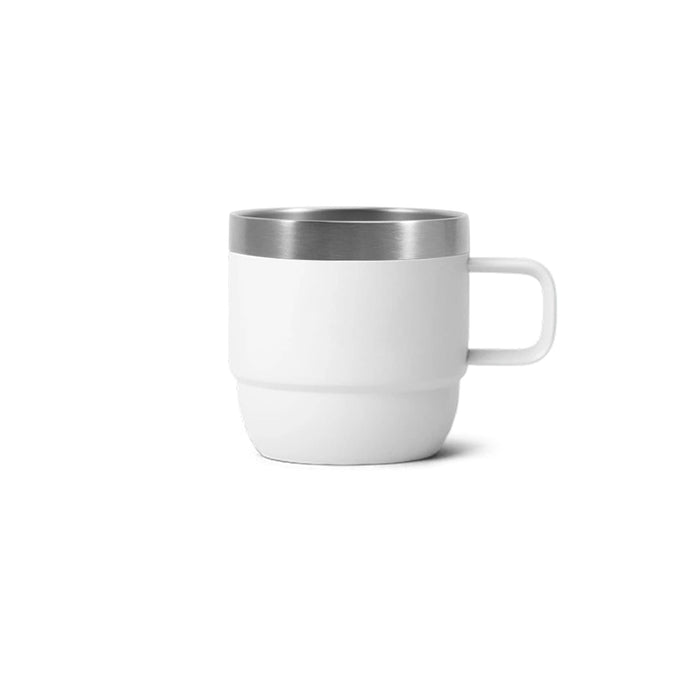 Stackable Stainless Steel Mug - A stackable stainless steel mug in white with a silver rim, featuring a sturdy handle. It has a simple, modern design.