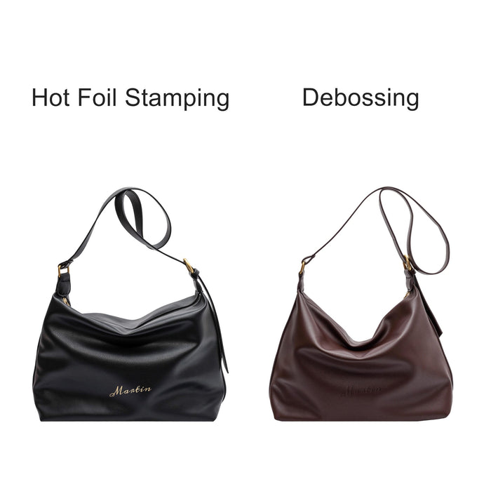 Dumpling Polyurethane Tote Bag - A black polyurethane tote bag with hot foil stamping and a brown polyurethane tote bag with debossing. Both have shoulder straps.