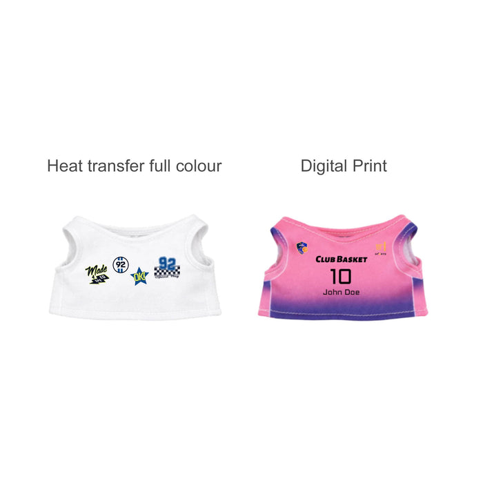 Plush Doll Jersey Outfit (15–17cm Doll) - Two plush doll jerseys: one white with multicoloured designs and one pink gradient with a digital print and logo.