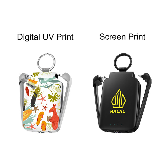 Mini Power Bank with Flashlight - A mini power bank with flashlight, featuring a vibrant digital print design on one side and a black screen print with a logo on the other.
