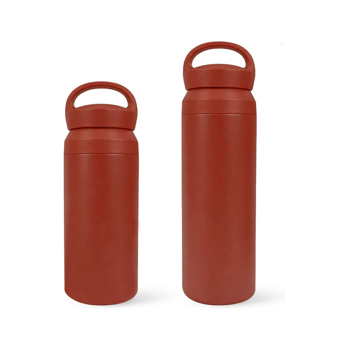 350ML/500ML Double Wall Stainless Steel Drink Bottle with Handle - A drink bottle set featuring a 350ML and a 500ML double wall stainless steel design in a deep red colour with handles.