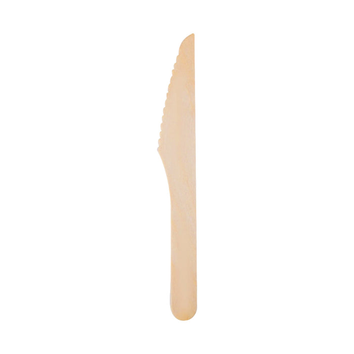 Pack of 100 Per Pack Disposable Wooden Cutlery - (Forks /Spoons/Knives/2 in 1 Spoon and fork)-(Big) - A disposable wooden knife in light brown colour, featuring a serrated edge for cutting.
