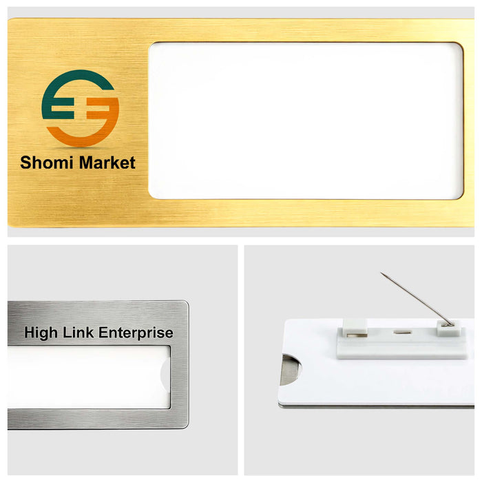 Reusable Metal Name Badge - A rectangular reusable metal name badge in gold and silver finishes, featuring a logo and a white insert area.