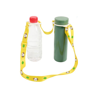 2 in 1 Water Bottle Lanyard - A drink bottle lanyard in yellow features a playful design, holding a clear bottle with a red cap and a green bottle.