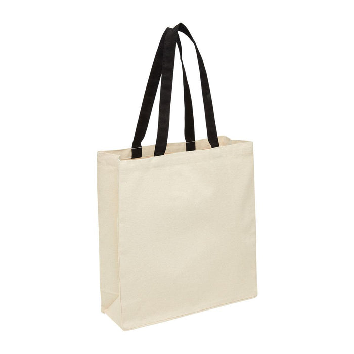 Heavy Duty Canvas Tote with Gusset - A cream canvas tote bag with black handles and a gusset for added space, featuring a logo.