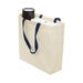 Heavy Duty Canvas Tote with Gusset - A cream canvas tote bag with navy handles, featuring a gusset, holding a drink bottle and a box inside.