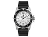 Sports Watch, Leather or Silicone Strap - A sports watch with a black silicone strap and a white dial featuring silver accents and a date function.